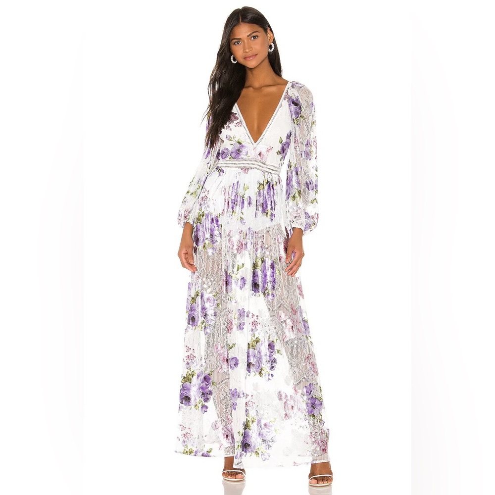 For Love & Lemons Wildflower Foil Lace Maxi Dress